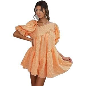 Simplee Gingham Print Asymmetrical Neck Puff Sleeve Tiered Mini Dress Orange S